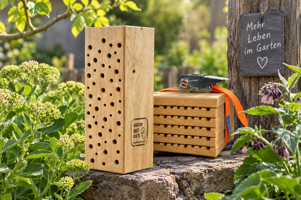 Zwei Wildbienen-Nisthilfen aus Holz von Gartenbeet-Kiste in naturnaher Gartenszene als Symbolbild für Artenschutz und insektenfreundlichen Garten.