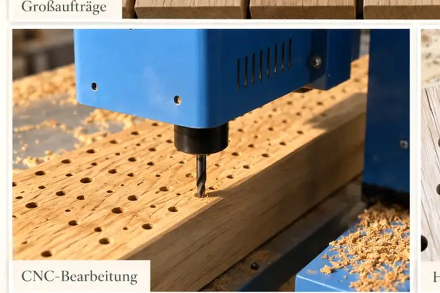 CNC-Bearbeitung eines Eichenbalkens für Wildbienen-Nisthilfen in der eigenen Fertigung